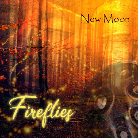 Pochette de l'album Fireflies de New Moon, avec une forêt féérique aux couleurs de feu, dans laquelle serpentent des lucioles et avec un handpan en transparence